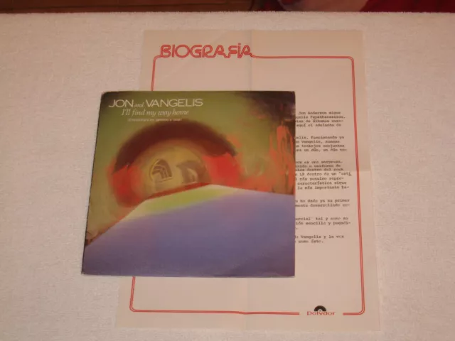 Jon & Vangelis I´ll Find My Way Home Rare Spanish "Promo" Issue With Sheet 7"