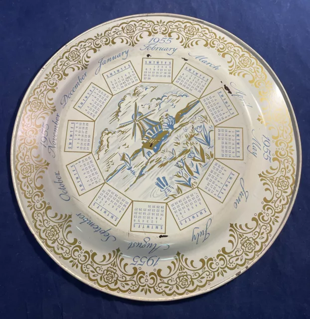Vintage Retro 1955-1956 Tin Metal Calendar 10” Plate w/ Windmill Design
