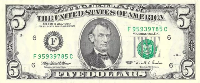 Us $5 Series 1995 F (Atlanta) Serial C Five Dollars In Great Condition