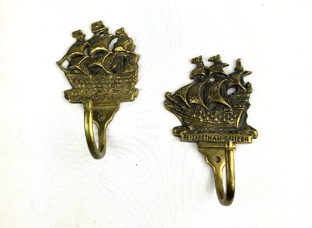 Pair (2) Nautical Tall Sailing Ship Solid Brass Wall Hooks