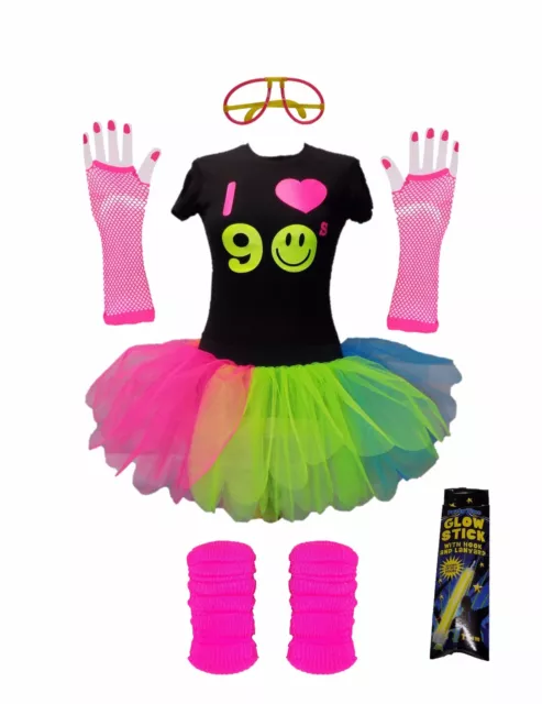 I Love 90s Neon Rainbow Tutu Skirt 90's T-Shirt Fancy Dress Costume Child Party