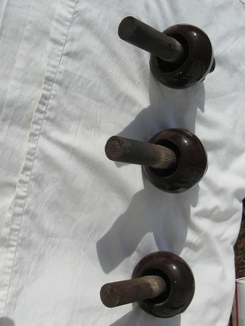 3 Vintage Large Brown Porcelain Ceramic High Voltage Power Line Insulator +Posts 9