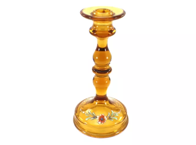 Tiffin Amber Glass CANDLE STICK Holder Hand Painted Flowers Yellow Vintage 2