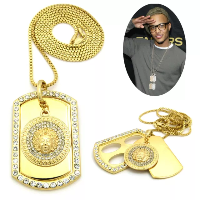Mens Hip Hop Iced Silver Gold Double Dog Tag Chain Crystals