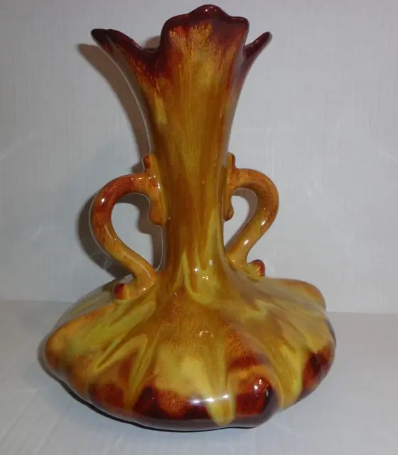 Vintage Art Pottery Vase Mid-Century Modern Drip Glaze Double Handles 10" Tall