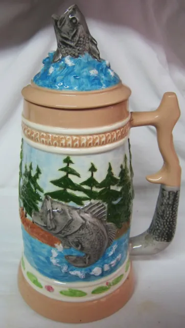HAND-CRAFTED Beer Stein Tankard One-Off Fly Fishing Theme Signed F. Smith
