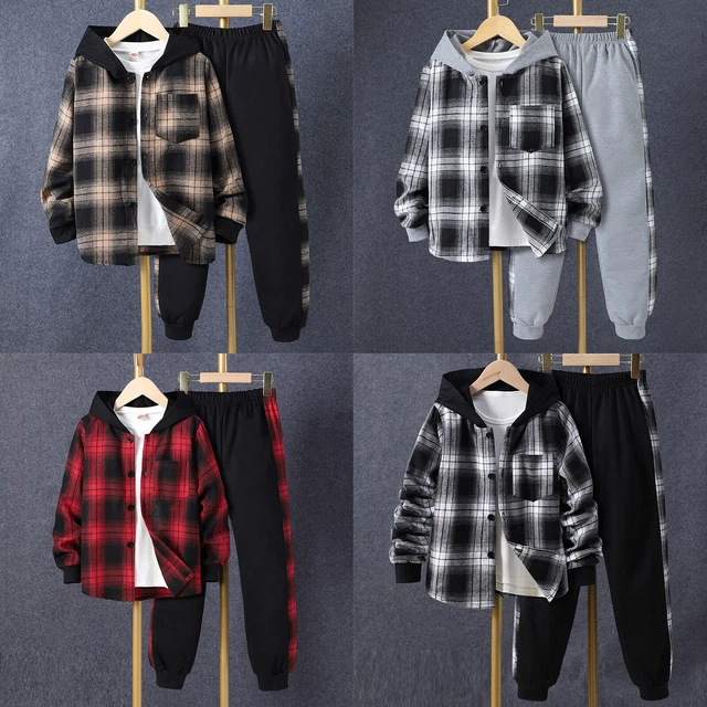 Toddler Kids Boys Girls Long Sleeve Hoodie Plaid Shirt Top+Trousers Outfit Set
