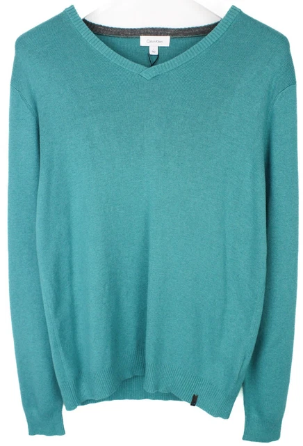Calvin Klein Maglione Uomo Piccolo Elasticizzato Tinta Unita Mint Blu Scollo A V