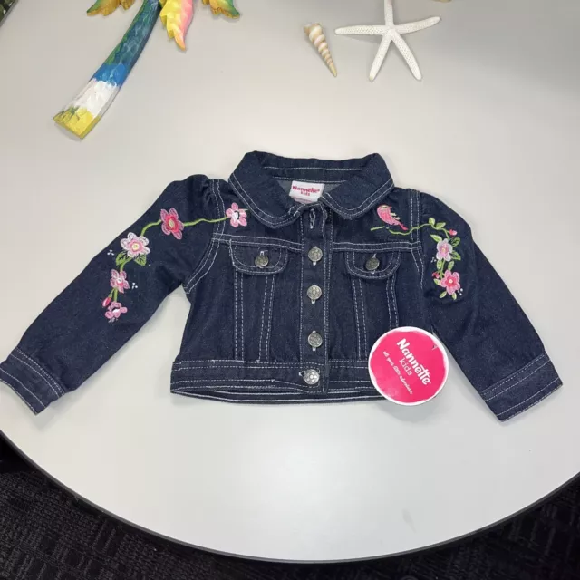 New Nanette Kids Embroidered Floral Bird Baby Girl Denim Jean Jacket Size 12 Mo
