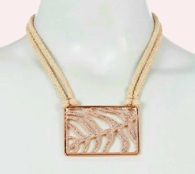 Vince Camuto Pendant Necklace Rose Gold Hemp Cord Square Leaf $98 GR8 Gift NWT