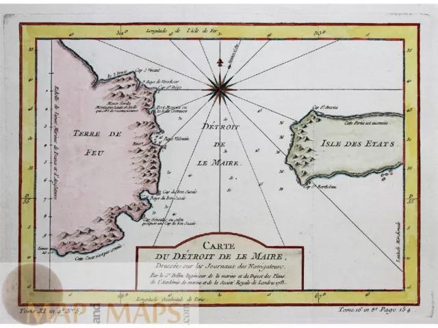 Tierra del Fuego, Argentina map, Strait of Magellan. Bellin 1753.