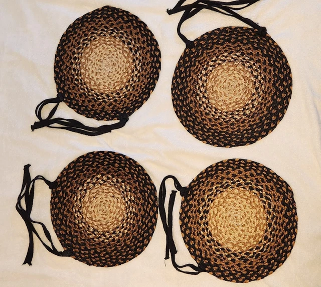 4 almohadillas redondas tejidas para granja trenzadas reversibles de 15" con corbatas primitivas