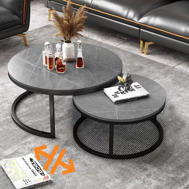 2PCS Industrial Marble Round Coffee Table Nesting Sofa Center Table Living Room