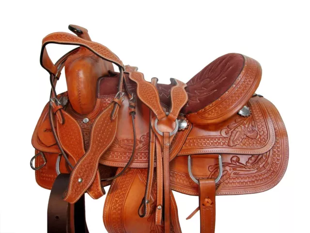 Deep Seat Western Barrel Saddle Horse Pleasure Trail Tooled Leather Set 15 16 18