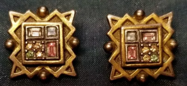 Antique Style Art Deco Multi Crystal Bronze Finish Clip Earrings