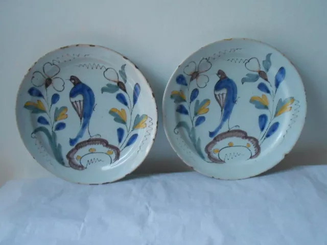 Pair antique Delft or North France plates. 18/19th Century. Pottery. Birds