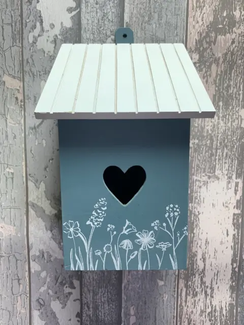 Bird House Nesting Box - Heart and flowers, slate Blue with white floral & roof