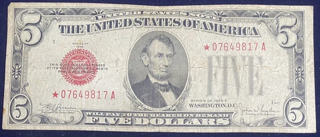 1928 E Five Dollar Bill $5 United States Note Red Seal * STAR NOTE * #52026