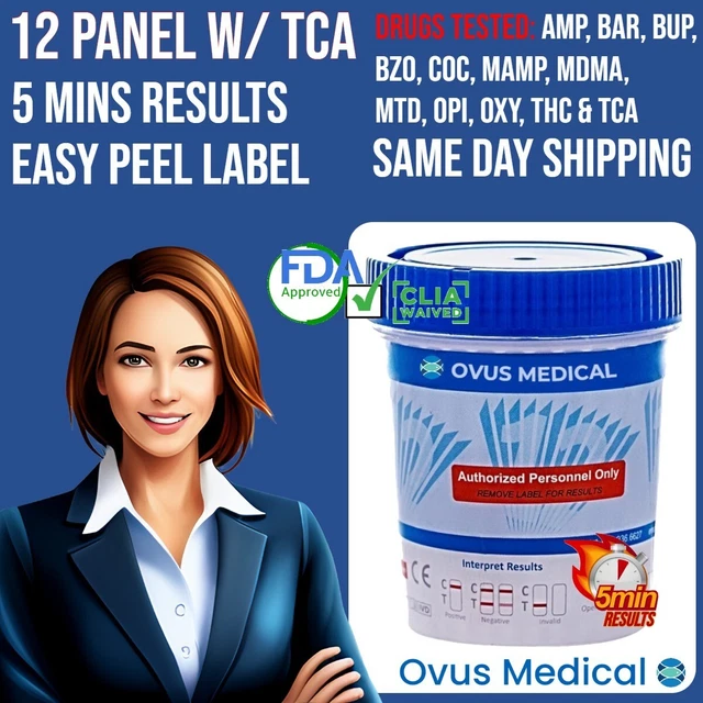 Kit de prueba de drogas de 12 paneles con TCA (PK/25 tazas) envío el mismo día M-F Ovus médico