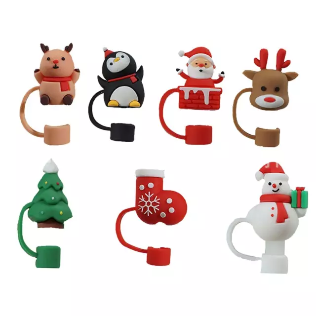 6pcs Christmas Style Silicone Straw Topper, Fits 10mm (0.4in) Straws,  Reusable, Santa Claus & Snowman Cartoon Shape