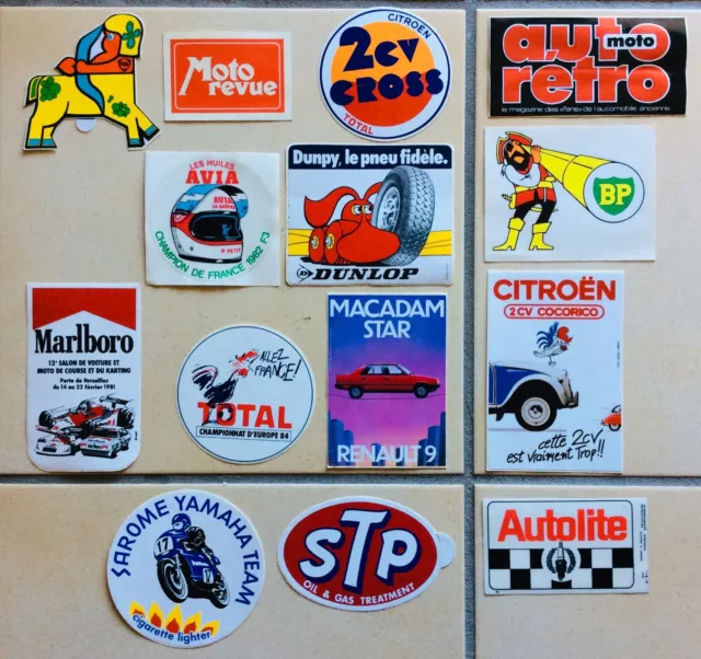 lot 14 autocollant voiture RENAULT FINA AVIA BP JEEP TOTAL STP MARLBORO 2CV 70’s