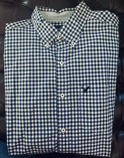 American Eagle Shirt Mens LG Classic Fit Button Down Blue Check Long Sleeve