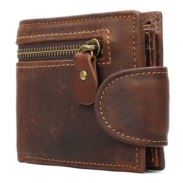 Men Wallet Genuine Leather Handmade RFID Blocking Zipper Bifold with Coin Pocket