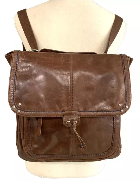 The Sak Ventura Brown Glazed Leather Backpack Crossbody Bag Messenger Purse