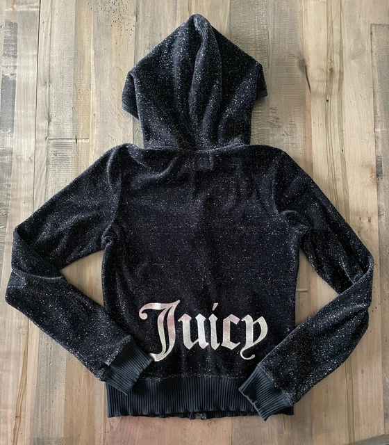 Juicy Couture VTG McBling Velour Glitter Zip Hoodie Black Paris Hilton S