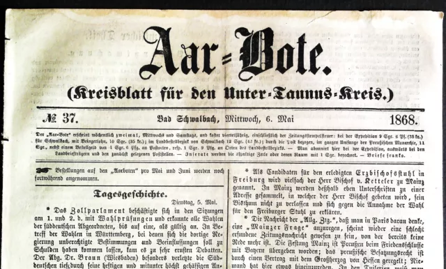 " Aar - Bote " Bad Schwalbach , den 6, Mai 1868,  vierseitige Originalausgabe !!