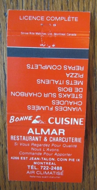 Deli Restaurant Matchbook Cover: Almar Montreal, Quebec Empty Matchcover -D8