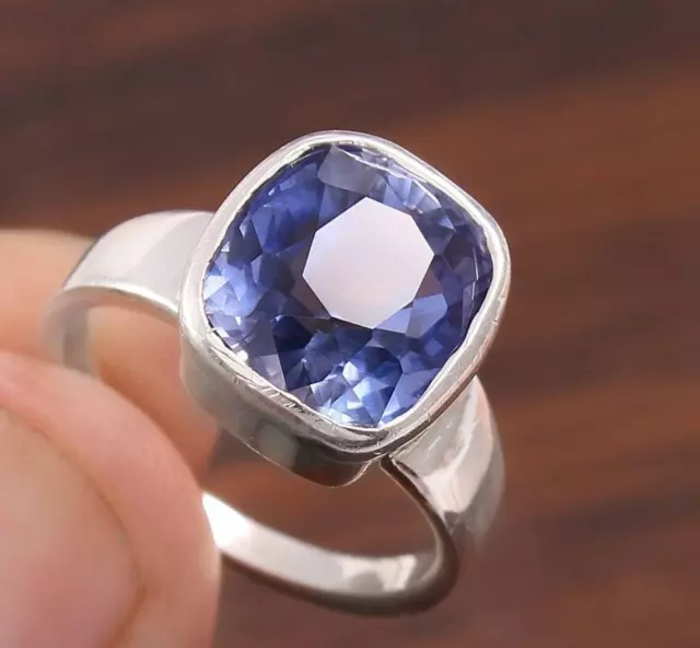 Natural Blue Ceylon Sapphire Cushion Cut Gemstone Ring 925 Sterling Silver Ring