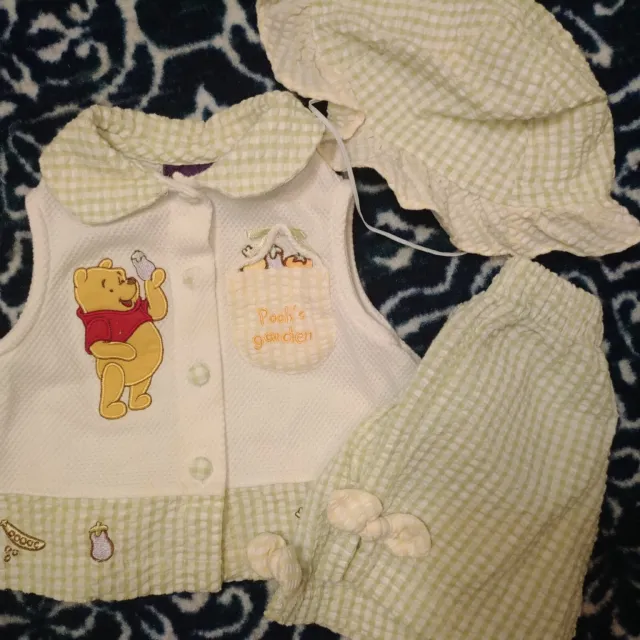 Vintage Baby Girls Winnie The Pooh 3 Piece Outfit Dress Diaper Cover 3-6 Months