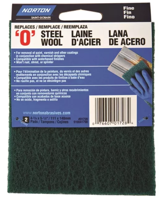 Norton 01728 Steel Wool Pad, Set of 2, #0 Grit, Fine, Green