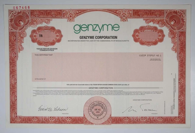 Genzyme Corp., 2000. Specimen Stock Cert, XF-AU condition, ABNC