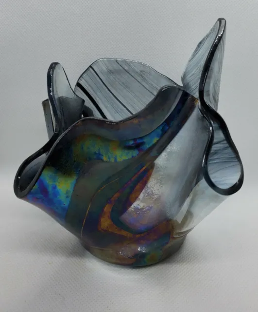 Vintage Hand Blown Studio Art Glass Handkerchief Vase/Bowl-signed