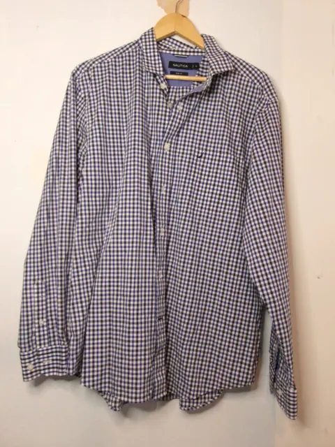 nautica button up shirt mens size xl extra large checkered long sleeve blue