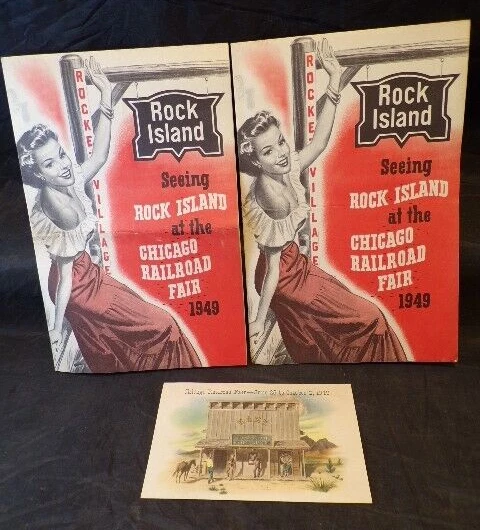Lot of 1949 Chicago Railroad Fair Postcard & Rock Island Railroad Booklets