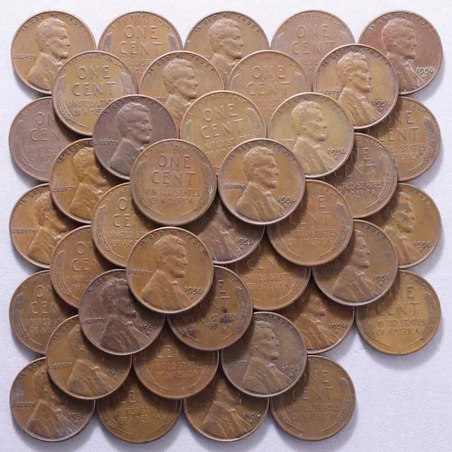 1956 D Lincoln Wheat Cent Roll 50 Circulated Pennies US Coins