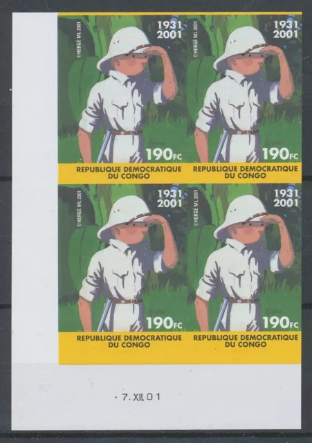 [SEB10] Congo Rep. 2001 TINTIN in Congo block 4 imperf VF MNH stamps corner date