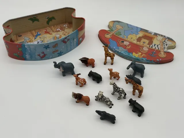 Vintage Noah's Ark Tin Box Animal Scene Inside and Out With 14 Animals