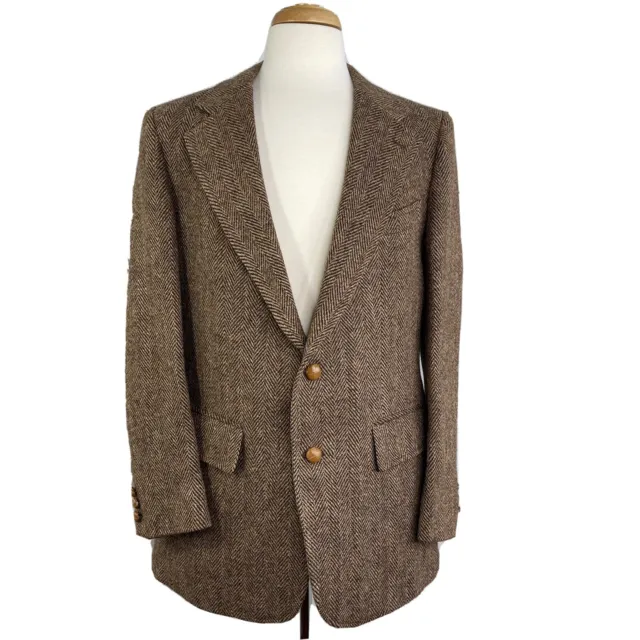 Harris Tweed Mens Brown Herringbone Wool Sport Coat Blazer Size 40 Single Vent