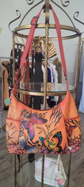 Anuschka Butterflies Hand Painted Leather Adjustable Shoulder Handbag Orange NWT