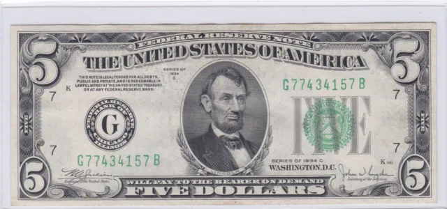$5 1934-C Federal Reserve Note Chicago (7-G) Green Seal G77434157B