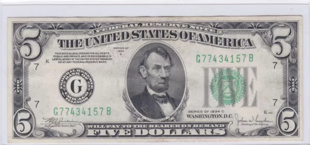$5 1934-C Federal Reserve Note Chicago (7-G) Green Seal G77434157B