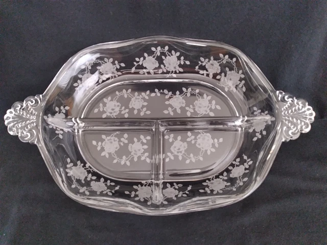 Vintage FOSTORIA Glass 3-Section Relish Dish w/ Etched Roses – Willowmere # 2560