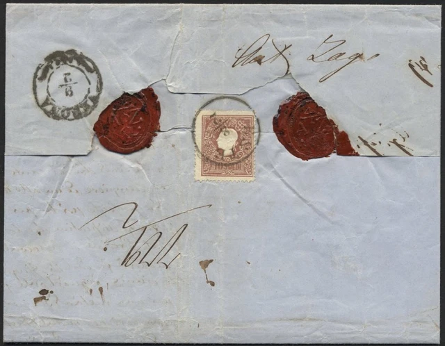 LOMBARDEI UND VENETIEN 10/1II BRIEF, 1860, 15 So. blau und 10 So. lilabraun (rüc 2