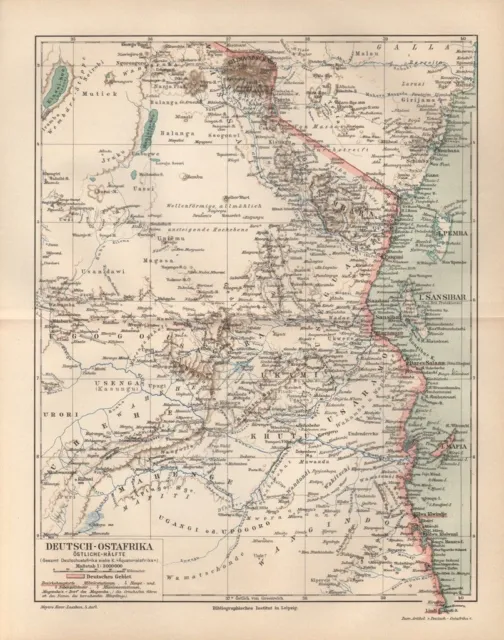 DEUTSCH-OSTAFRIKA östliche Hälfte DOA   Kolonien LANDKARTE 1894