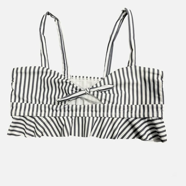 Girls Gray and White Striped Longline Knot Front Swim Top Size Medium