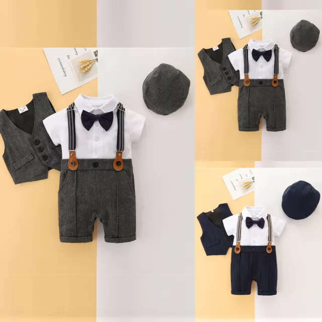 3PCS Newborn Baby Boys Gentleman Bodysuit Jumpsuit + Vest + Hat Outfit Suit Set